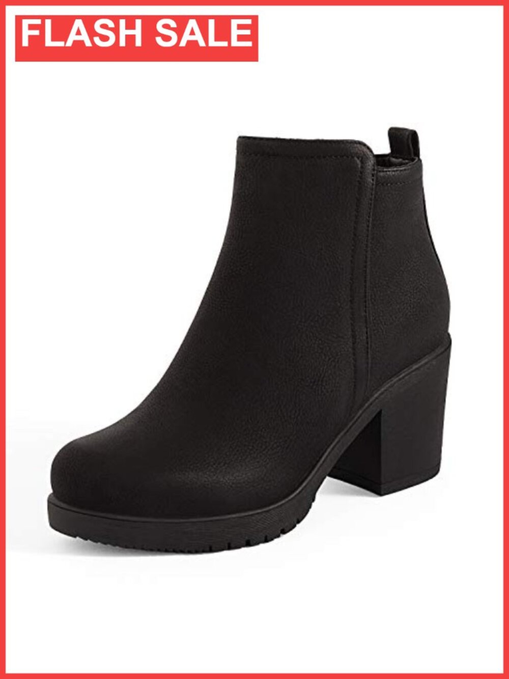 Block Heel Ankle Booties Faux Leather Side Zip Chunky Heel